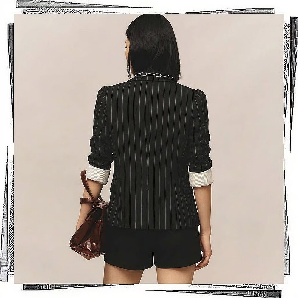 Vintage 2012 Wool Blend Black w Gray Pinstripe Jacket w Subtle Puff Sleeves (6) - Picture 4 of 7